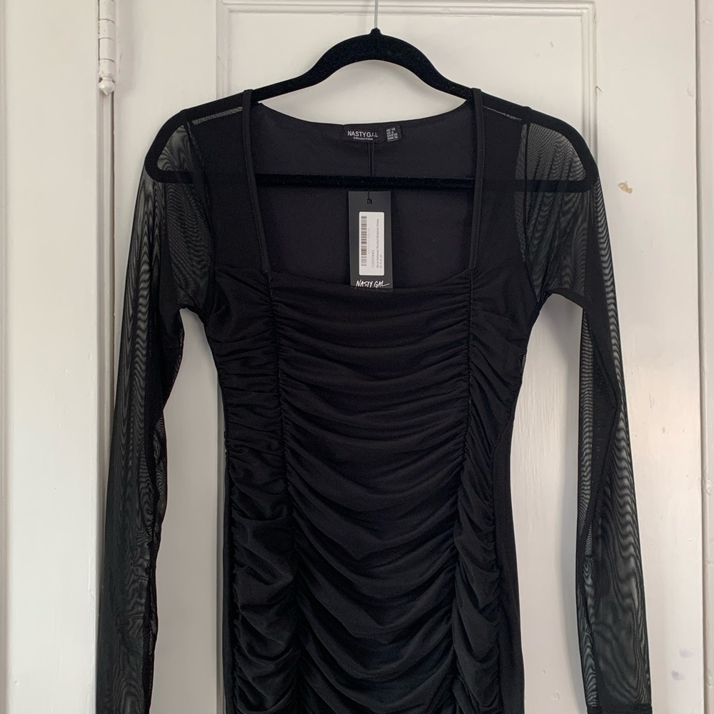 nasty gal black ruched mesh bodycon dress